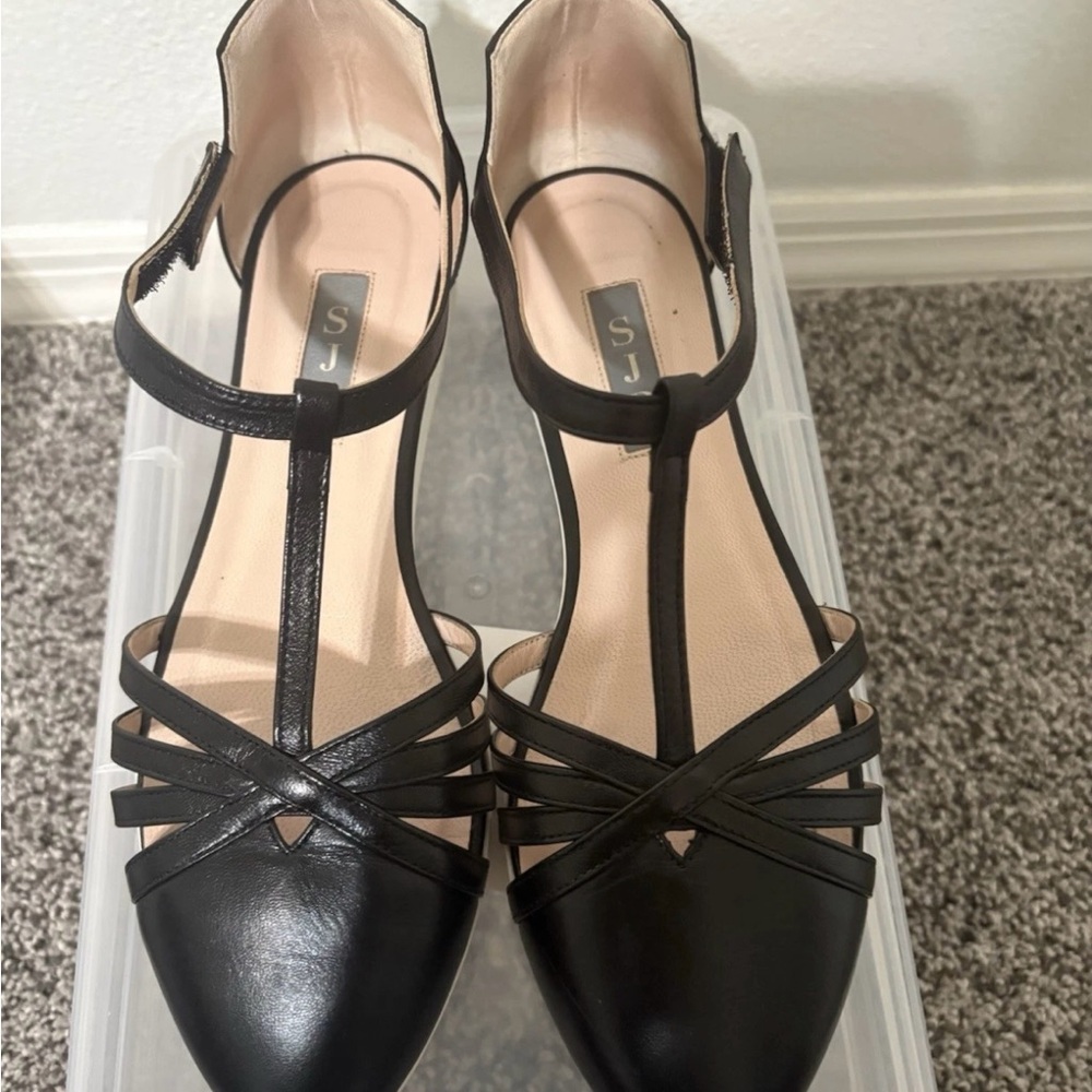 Sarah Jessica Parker SJP Meteor T Strap Flats Black Leather Size 36.5